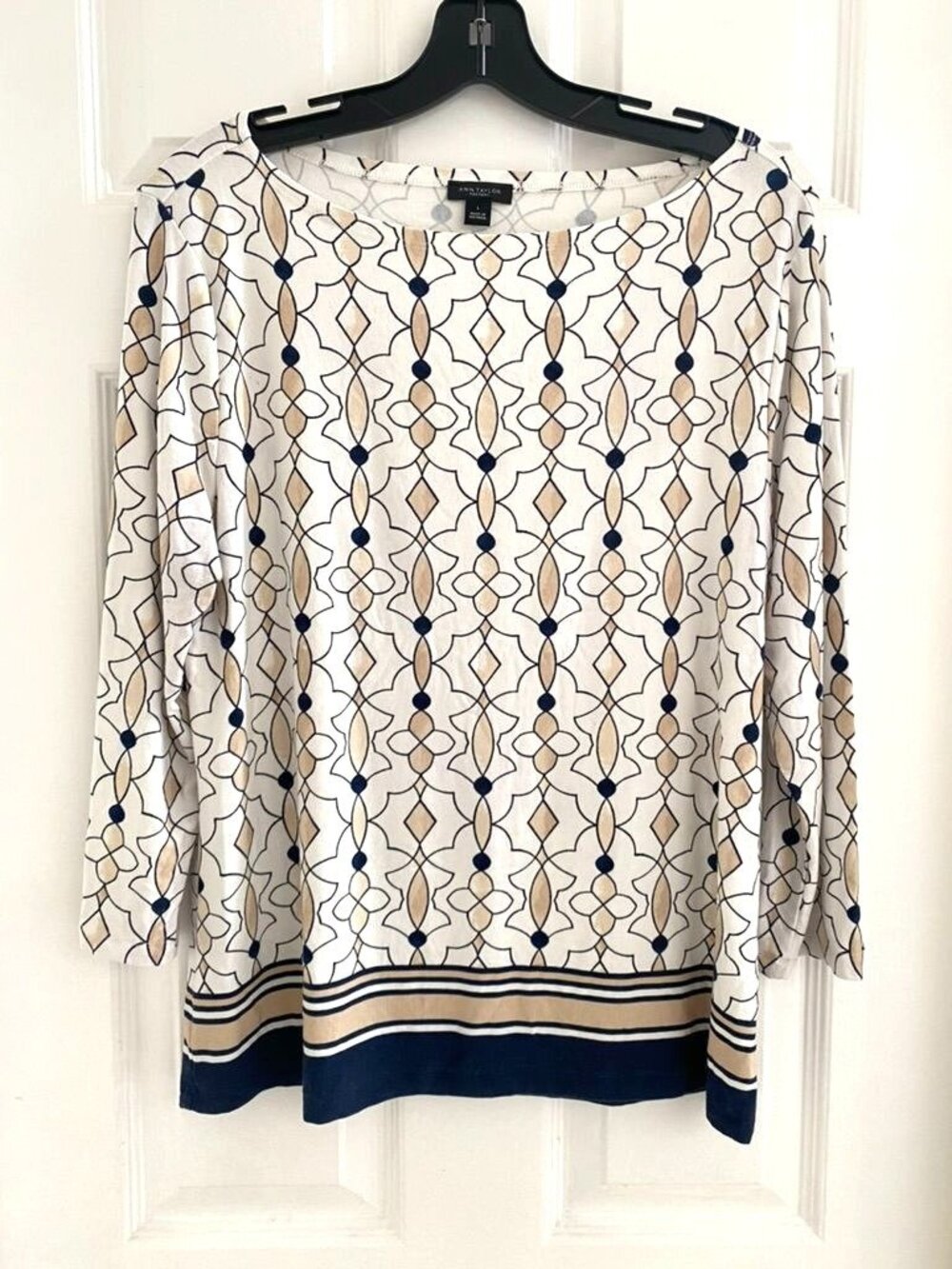 Ann Taylor Factory Geometric Print 3/4 Length Sleeve Top Size Large Preowned  B5